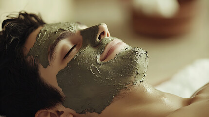 Naklejka premium serene moment of man enjoying mud mask treatment, relaxing with eyes closed and peaceful expression. This spa experience promotes wellness and rejuvenation