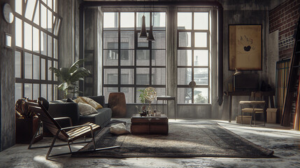 Industrial-style living room with concrete floors, black metal furniture, a minimalist rug, and large factory windows that fill the space with natural light.