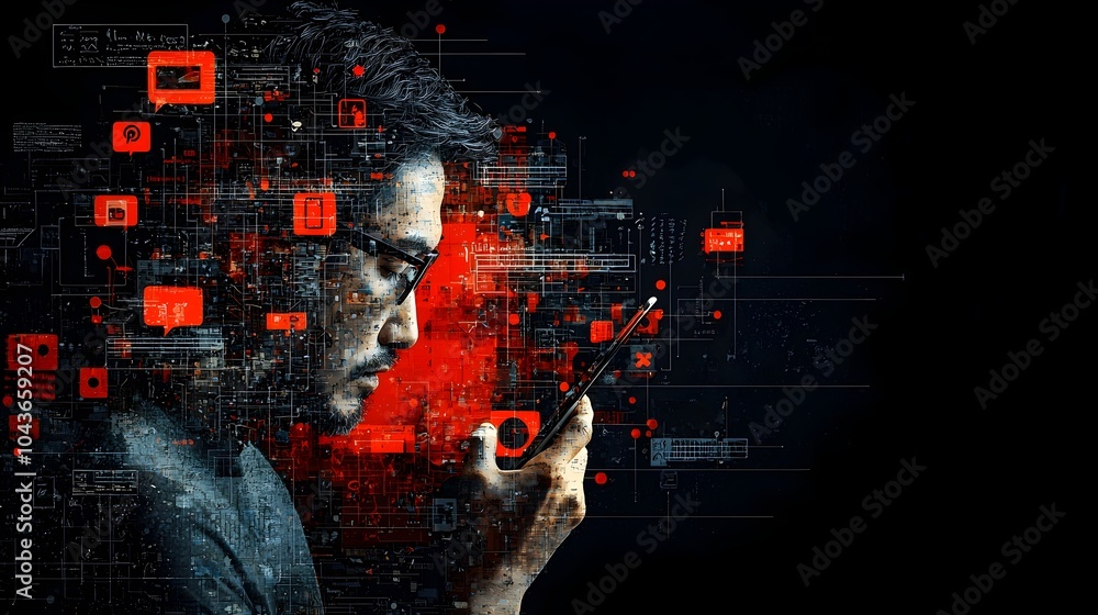 Poster Detailed cut through visualization of a social media platform s inner workings showcasing the algorithms fake news circulation and user engagement metrics