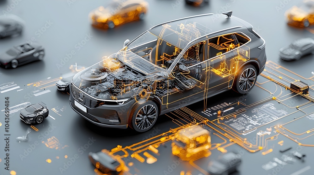Aufkleber detailed cutaway diagram revealing the inner workings and advanced sensor suite of an autonomous or 