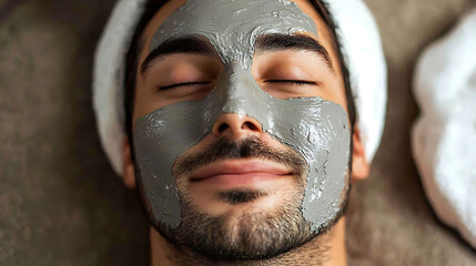 Fototapeta premium man enjoying facial treatment with mud mask, relaxing and rejuvenating his skin. soothing atmosphere enhances his calm expression and promotes self care