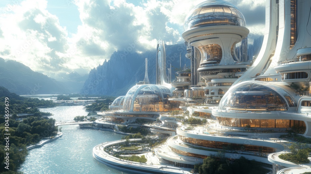 Aufkleber A vibrant city features modern, futuristic architecture along a serene river. Towering structures reflect sunlight, complemented by mountains and dynamic clouds overhead.