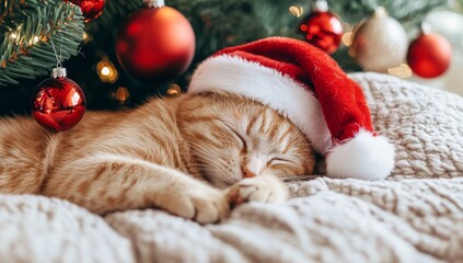 Obraz premium Cat Wearing Santa Hat Sleeping Under Christmas Tree with Cozy and Festive Atmosphere