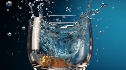 A glass filled with water and a spoon placed inside Sparkling water with plenty of bubbles in a glass on a reflective surface lit with warm lighting 
