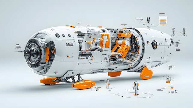 Detailed cutaway showcasing the advanced engineering and sleek interior design of a futuristic hyperloop pod with a focus on the magnetic levitation propulsion system and passenger compartments