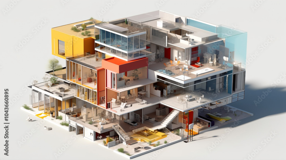 Poster transparent architectural visualization of modern building design - 3d cutaway rendering with detail