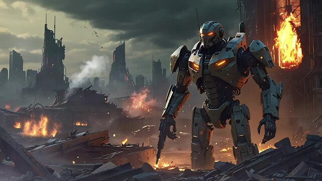 A large robot machine in a ruined city. Seamless 4K looping timelapse video animation background