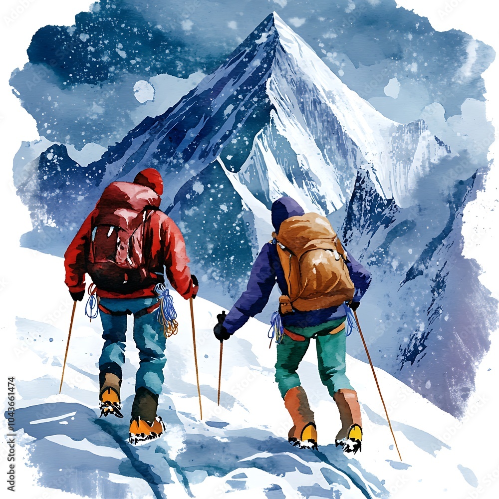 Poster Two Hikers Ascending a Snowy Mountain Peak.