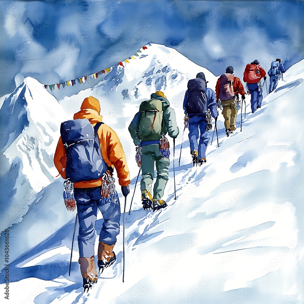 Poster Watercolor Painting of Hikers Ascending a Snowy Mountain.