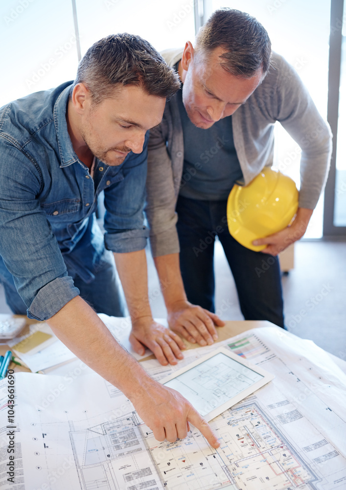 Poster tablet, men and construction engineers with blueprint in office for city planning for building devel