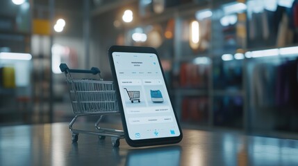 A smartphone displaying a shopping app next to a miniature shopping cart.