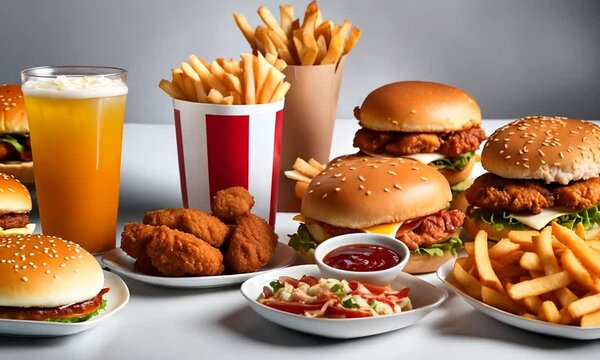  All Fast Food collection set, isolated on white background. Fried chicken, fries, pizza, sandwich, chicken nuggets, eggs and bacon, shawarma,.