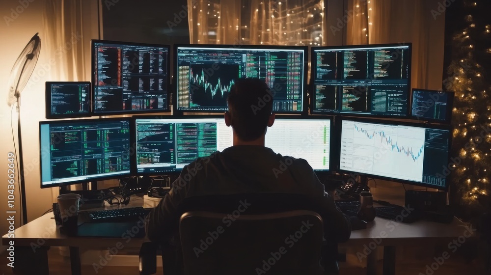 Poster day trading setup: day trader surrounded by screens with live data feeds, active trades