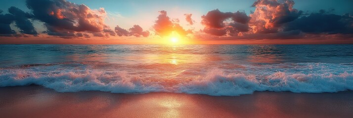 Fototapeta premium Vibrant Sunset Over Tranquil Beach, Aerial view capturing the rich colors of dusk reflecting on gentle waves, serene atmosphere inviting relaxation