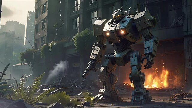 A large robot machine in a ruined city. Seamless 4K looping timelapse video animation background