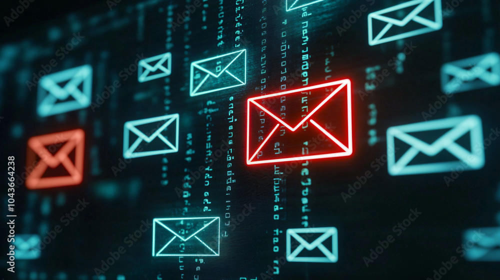 Poster digital email icons highlighted in red against dark background convey urgency