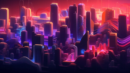 Obraz premium Stunning visualization of a futuristic city with neon lights and cybernetic architecture, symbolizing advanced urban technology and Cover or banner template for retro wave music