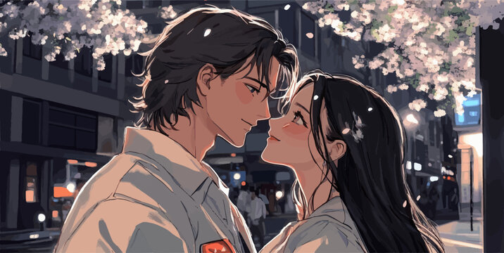 Young couple is about to kiss under a blossoming tree at night, with city lights in the background