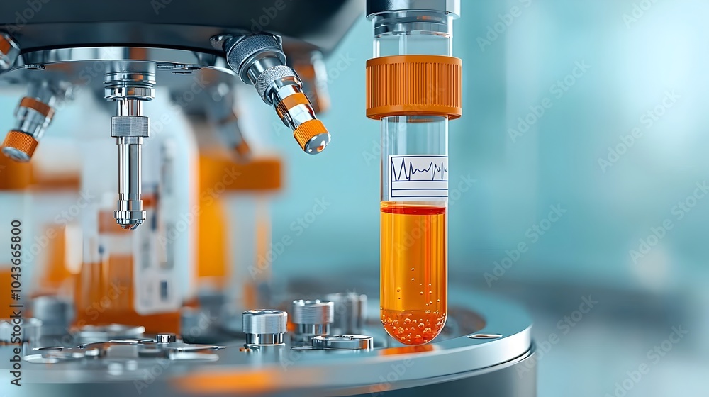 Poster Labeled sample tube with patient information placed inside a centrifuge machine for medical analysis and laboratory testing procedures