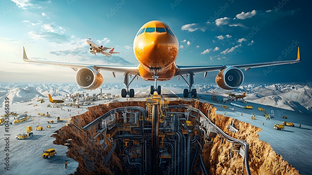 Aufkleber layered aerial view of an airport runway showcasing the complex infrastructure and utility systems b