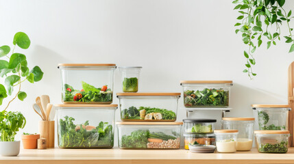 Fresh vegetables stored in glass containers with wooden lids create an organized and vibrant kitchen display. greenery adds touch of nature, enhancing overall aesthetic