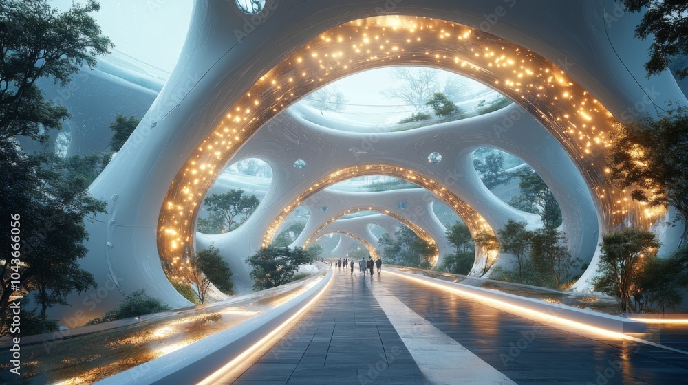 Aufkleber Explorers wander along a sleek pathway surrounded by glowing structures and lush greenery, creating a tranquil atmosphere in a futuristic setting.