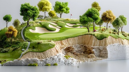 Layered cross section of a golf course revealing the intricate subsurface infrastructure including the green bunkers and irrigation systems that support the surface level landscape