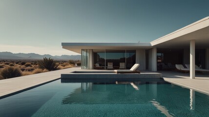 Obraz premium Modern minimalist house with a swimming pool and a view of the desert mountains.