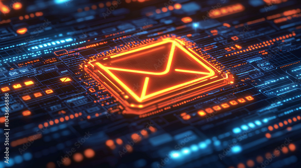Poster digital email interface with illuminated envelope icon, symbolizing communication