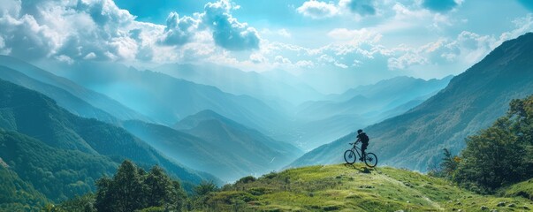 A young cyclist on a mountain bike enjoys a panoramic view of the sunset over rolling mountains, capturing the tranquility and beauty of nature during an outdoor adventure