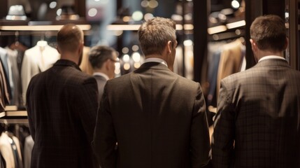 Fototapeta premium A group of welldressed businessmen can be seen browsing through racks of suits backs to the camera as they discuss the latest . .