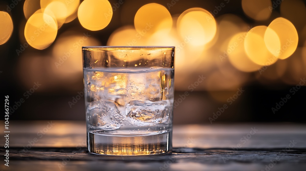 Poster a close-up of a glass of water with light refracting through it, creating a dramatic scene with a bo