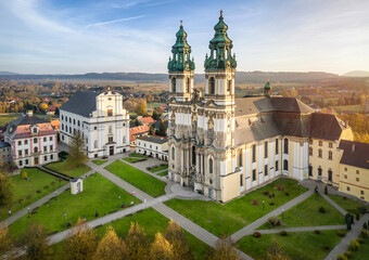 Aerial view of Basilica of the Assumption in Krzeszow Abbey, Lower Silesia, Poland