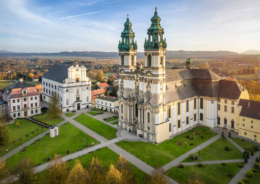 Aerial view of Basilica of the Assumption in Krzeszow Abbey, Lower Silesia, Poland