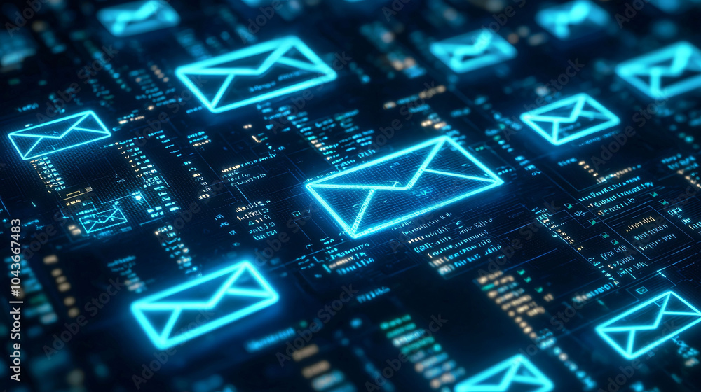Poster digital email icons glowing in network of data, symbolizing communication