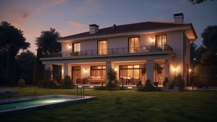 Obraz premium The facade of a traditional one-story home features an inviting porch that spans the front A luxurious 2-storey house with an impressive facade, including grand arches, large windows