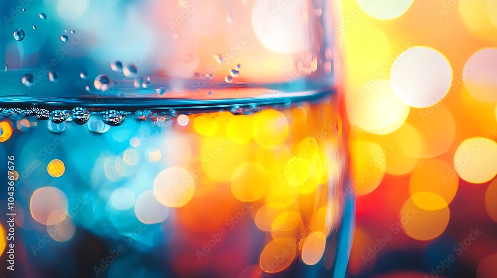 Poster a close-up of a glass of water with light refracting through it, creating a dramatic scene with a bo
