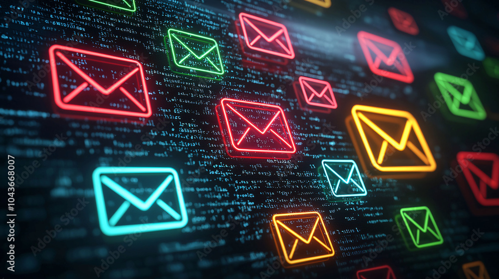Poster digital inbox filled with colorful spam emails and alerts