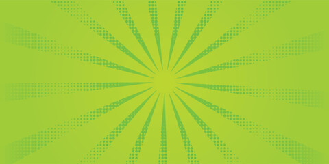 Green comic background. Art pop cartoon light green backdrop. Halftone effect pattern. Fun anime texture. Starburst manga style bg. Mark popart gradient.