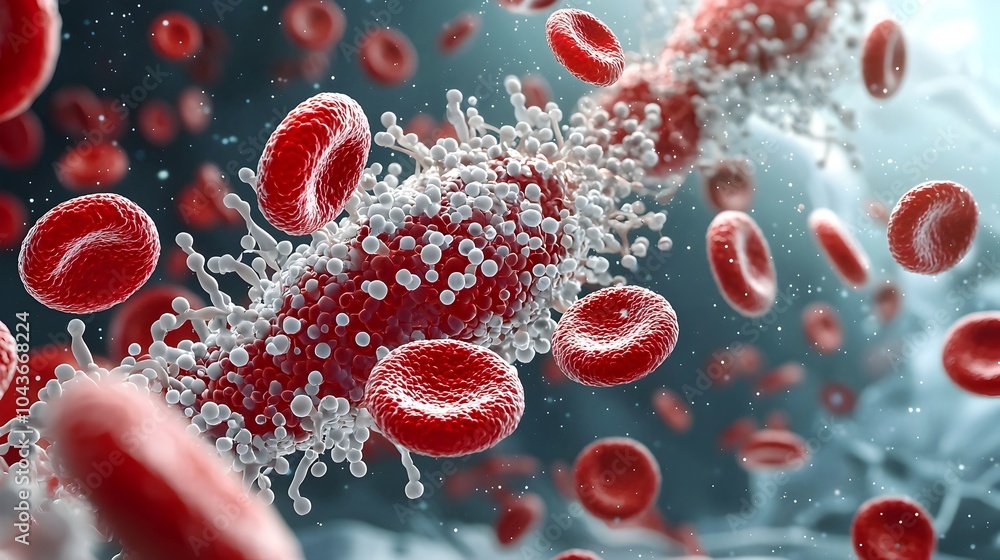 Poster microscopic view showcasing the delicate structure and composition of red and white blood cells susp