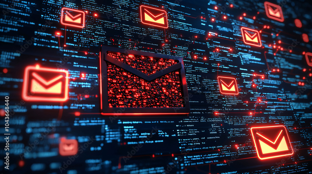 Poster digital spam folder highlighted with red email icons and data streams