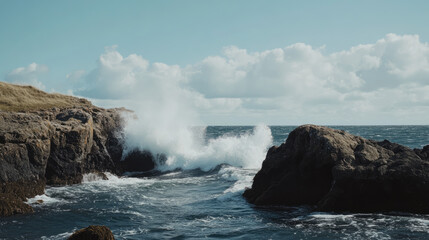 Waves crashing against rocky shore with lighthouse in the background, dramatic seascape, stormy ocean, coastal landscape
