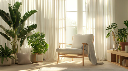 Scandinavian living room with light wood furniture, white walls, an oversized gray armchair, and tall plants next to large bay windows with sheer curtains.