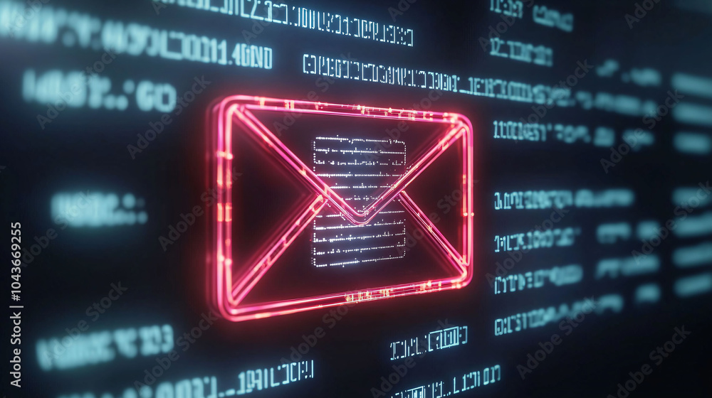 Poster digital inbox icon signaling spam alerts with neon effects