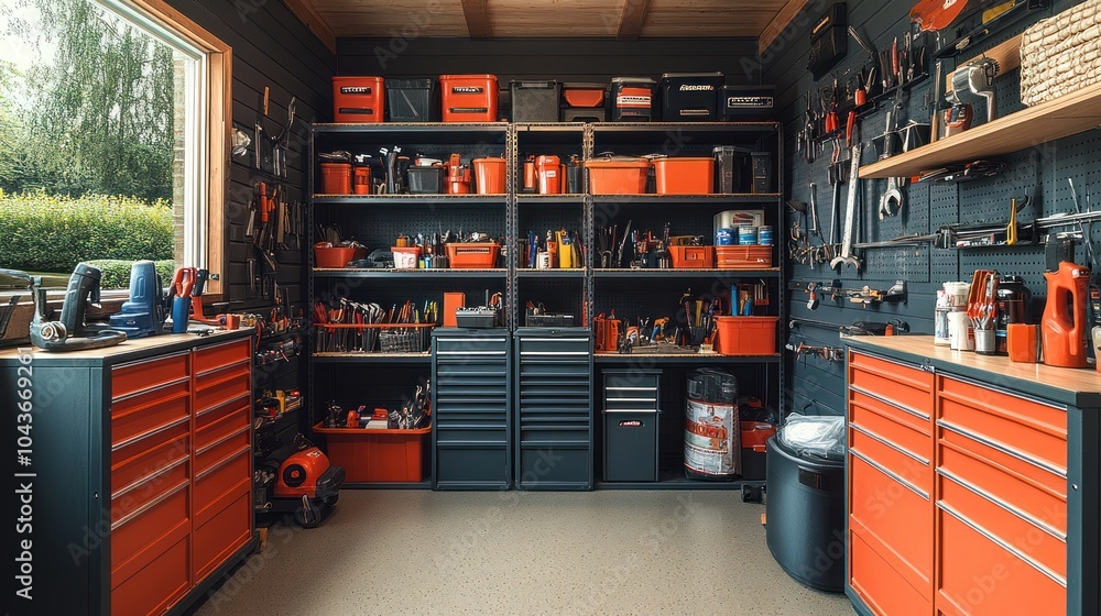 Poster organized workshop with tools and storage solutions.