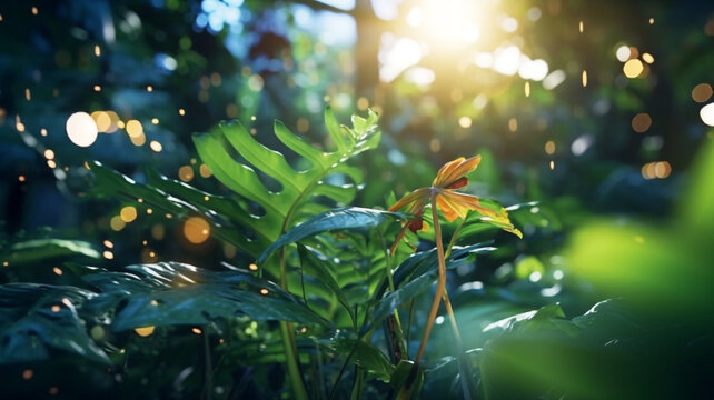 Sunlit Green Leaves with Defocused Background   tropical coral reef  

   