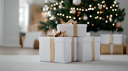 Christmas Gifts Under the Tree with Golden Ribbons