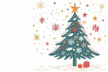 Simple illustration of a decorated Christmas tree surrounded by stars and gift boxes evoking the playful and whimsical spirit of the holidays