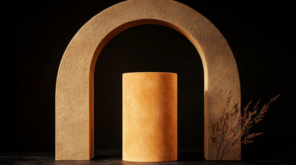A warm, textured cylindrical pedestal stands elegantly beneath large arch, creating striking contrast against dark background. scene evokes sense of modern minimalism and artistic expression
