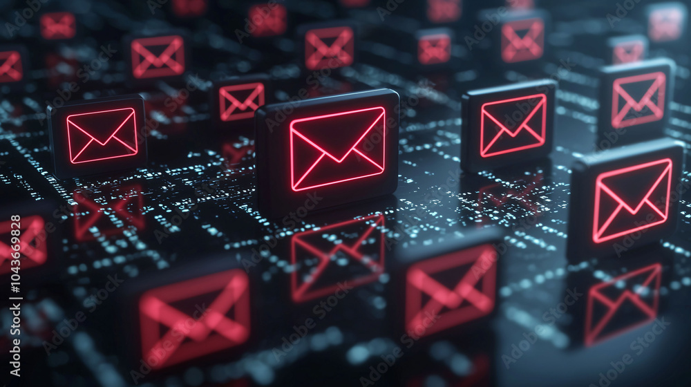 Poster digital email icons glowing in network, representing spam alerts and notifications